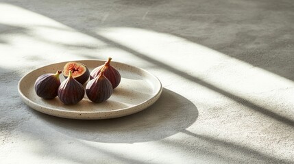 Poster - Fresh figs arranged on a ceramic plate illuminated by morning light on a soft concrete background showcasing natural textures.