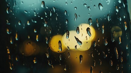 Poster - golden water drops on glass with blurred lights in the background creating a soothing atmospheric effect during rainy weather