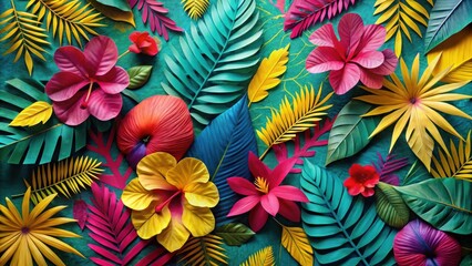 Poster - Vibrant Tropical Floral Arrangement of Paper Flowers and Leaves on a Teal Background