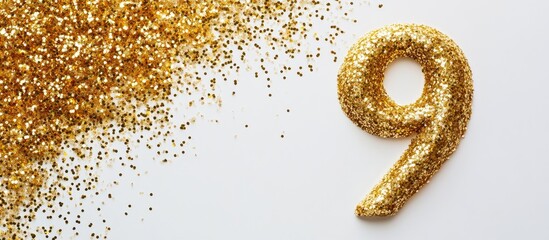 Poster - Gold Glitter Number Nine on a White Background Perfect for Birthday Celebrations with Blank Space for Custom Text or Messages