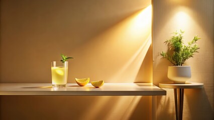 Wall Mural - Refreshing citrus beverage with mint garnish on a minimalist shelf illuminated by warm light