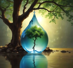 Wall Mural - Illustration of water drop with spring environment.