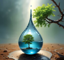 Wall Mural - Illustration of water drop with spring environment.