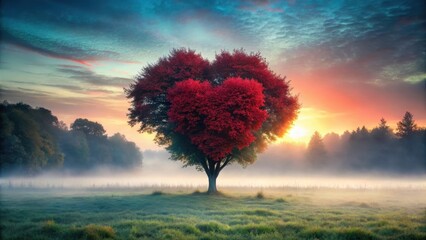 Wall Mural - A majestic red heart-shaped tree stands alone in a misty forest clearing at dawn, its branches stretching towards the sky like nature's own work of art , mist, trees