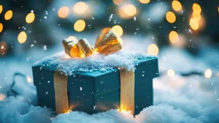 Poster - Festive gift box wrapped in gold ribbon surrounded by snow and glowing lights creating a magical winter atmosphere