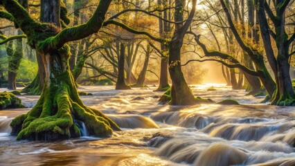 Poster - Golden Sunrise Illuminates Mossy Trees and a Flowing River
