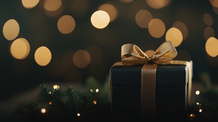 Poster - Elegant gift box adorned with gold ribbon surrounded by enchanting bokeh lights creating a festive atmosphere for celebrations and holidays.