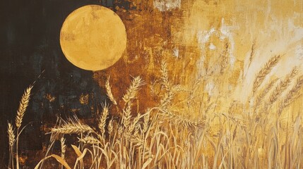 Poster - Golden wheat field illuminated by a large setting sun showcasing warm hues and serene evening atmosphere