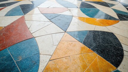 Poster - Colorful Mosaic Floor Tile Pattern with Geometric Design in an Interior Space Ideal for Artistic and Architectural Backgrounds