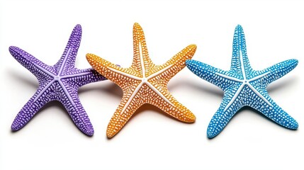 Wall Mural - a photostock of colorful starfish in orange, blue, and purple hues, isolated on a clean white backgr