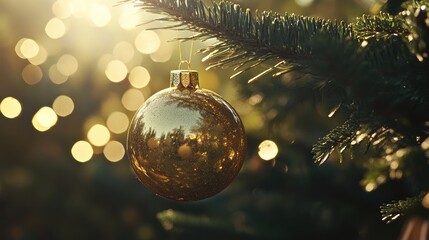 Poster - Giant Golden Christmas Ornament on Pine Tree with Soft Bokeh Lights and Copy Space for Festive Holiday Themes