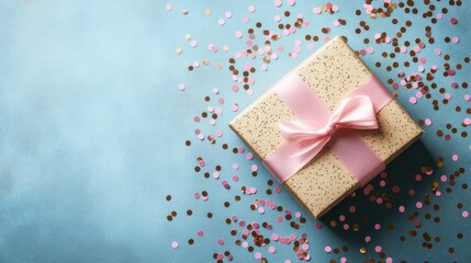 Poster - Gift box with pink ribbon surrounded by colorful confetti on a soft blue background creating a festive celebration atmosphere.