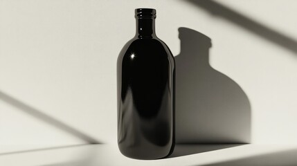 Fototapete - Black glass bottle creating an artistic shadow against a white background highlighting its sleek design and silhouette dynamics.
