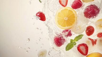 Poster - Vibrant assortment of fresh fruits splashing into water creating a refreshing and dynamic visual effect full of color and energy.