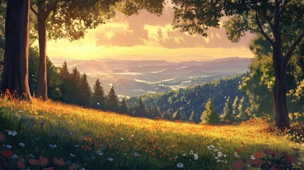 Poster - Serene golden hour landscape with rolling hills and lush forest in vibrant colors under a picturesque sunset sky