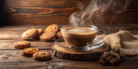 Poster - Aromatic Coffee with Warm Cookies and Cinnamon Sticks on Rustic Wood