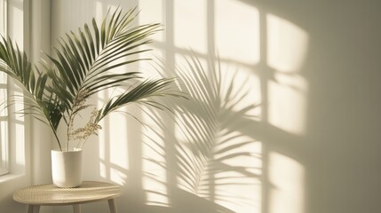 Poster - Tropical leaf casting shadows in bright morning light within a modern Scandinavian interior setting showcasing natural beauty and tranquility.