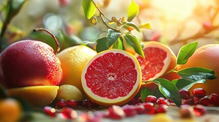 Poster - Vibrant assortment of fresh fruits with citrus and berries showcasing colorful ingredients in natural sunlight for culinary inspiration