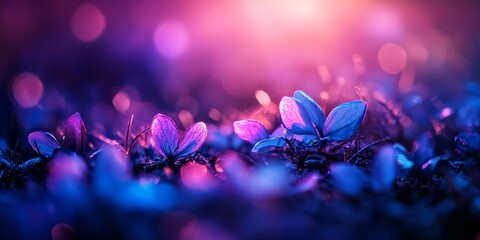 Wall Mural - Glowing blue and pink flowers at night.