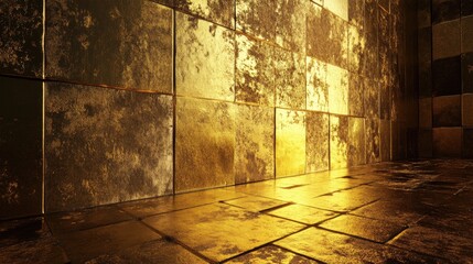 Poster - Golden textured tiles in a luxurious interior space reflecting light for an elegant and opulent design atmosphere.