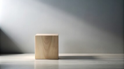 Poster - Simple Wooden Cube on Light Floor Against Wall