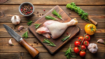 Wall Mural - A raw chicken leg lies on a wooden cutting board, surrounded by utensils and garnishes