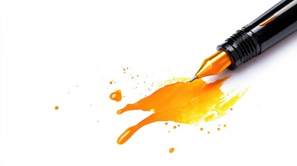 Poster - Melting Orange Ink Pen Creating a Splash on a White Background Illustrating Creativity and Artistic Expression