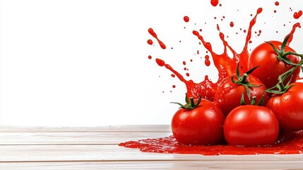 Wall Mural - a photostock of dynamic tomato sauce splashes with fresh tomatoes mid-air, isolated on a clean white
