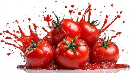 Wall Mural - a photostock of dynamic tomato sauce splashes with fresh tomatoes mid-air, isolated on a clean white