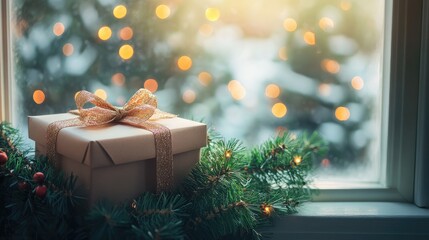 Poster - Festive gift box on windowsill adorned with garland and warm bokeh lights creating a cozy holiday atmosphere