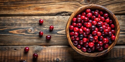 Sticker - Rustic wooden bowl overflowing with vibrant red cranberries, scattered berries on aged wood surface