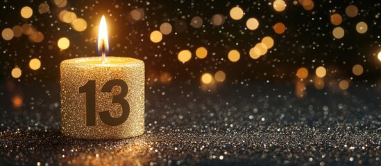 Poster - Gold Candle Number 13 on Sparkling Glitter Background with Space for Text Ideal for Celebrations and Anniversaries