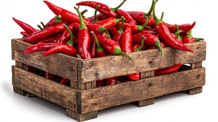Wall Mural - a photostock of a rustic wooden crate filled with fresh hot chili peppers, isolated on a clean white