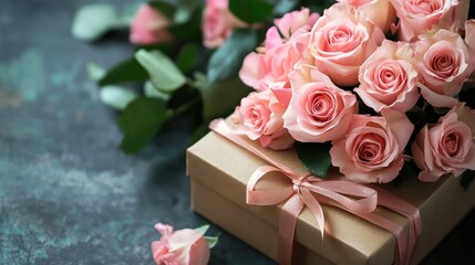 Wall Mural - Elegant gift box adorned with a bouquet of delicate pink roses set against a textured background for special occasions and celebrations.