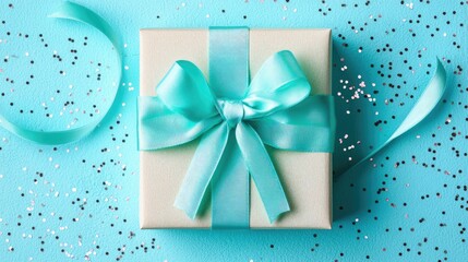 Wall Mural - Gift box wrapped in light blue ribbon on a vibrant blue background with scattered glitter in a flat lay arrangement