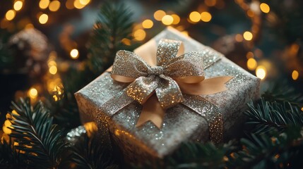 Poster - Decorative gift box surrounded by lush foliage and shimmering lights for festive celebrations and holiday themes
