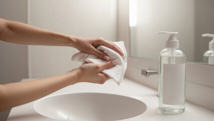 Wall Mural - Hands washing a face towel in a bright, modern bathroom sink area