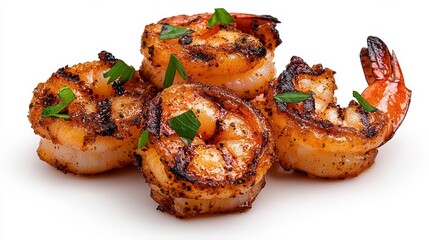 Wall Mural - a photostock of fiery grilled shrimps with seasoning and smoke effects, isolated on a clean white ba