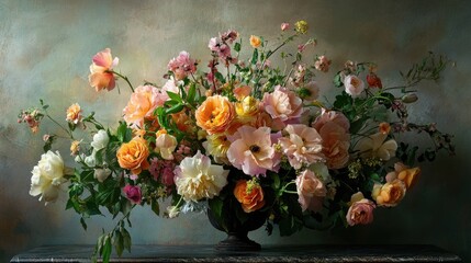 Poster - Vibrant floral arrangement in an elegant vase set against a soft textured background showcasing a blend of colors and delicate petals