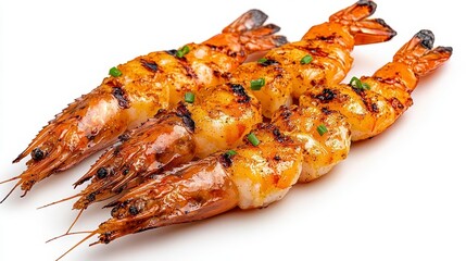 Wall Mural - a photostock of fiery grilled shrimps with seasoning and smoke effects, isolated on a clean white ba