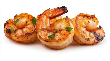 Wall Mural - a photostock of fiery grilled shrimps with seasoning and smoke effects, isolated on a clean white ba