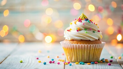 Wall Mural - Colorful birthday cupcake with creamy frosting and sprinkles on a white table surrounded by soft natural light, festive atmosphere , cupcake birthday decor