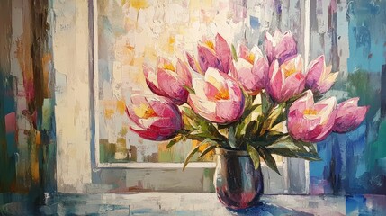 Poster - Vibrant Still Life of Fresh Flowers in a Vase Illuminated by Morning Light