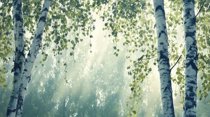 Poster - spring birch tree foliage with selective focus showcasing vibrant green leaves and soft sunlight fil