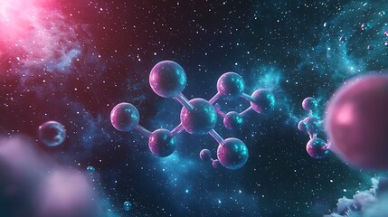 Poster - A colorful image of a molecule in space with a blue background