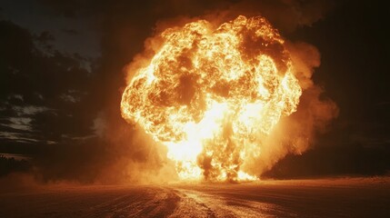 Fototapete - Explosive fireball with intense flames and flying sparks illuminating a dramatic night scene