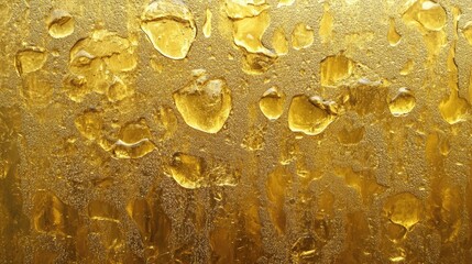 Poster - Golden water droplets on glass surface with blurred background creating an abstract shimmering effect in warm yellow tones.