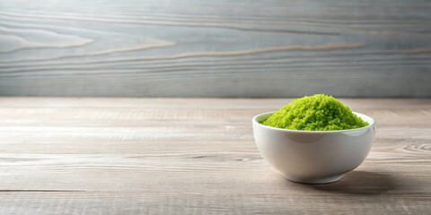 Poster - Bright Green Powder in a Small White Bowl on Wooden Surface