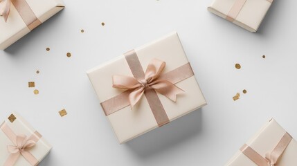 Wall Mural - Elegant Gift Box Mockup with Ribbon for Celebratory Occasions on White Background with Decorative Confetti