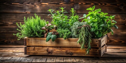 Wall Mural - edible plants, potting, culinary herbs, gardening, kitchen decor, herbs garden, botanicals, wooden crate, home decor, nature, rustic table, food storage, plant, pot, garden, herb, leaf, food, flower, 